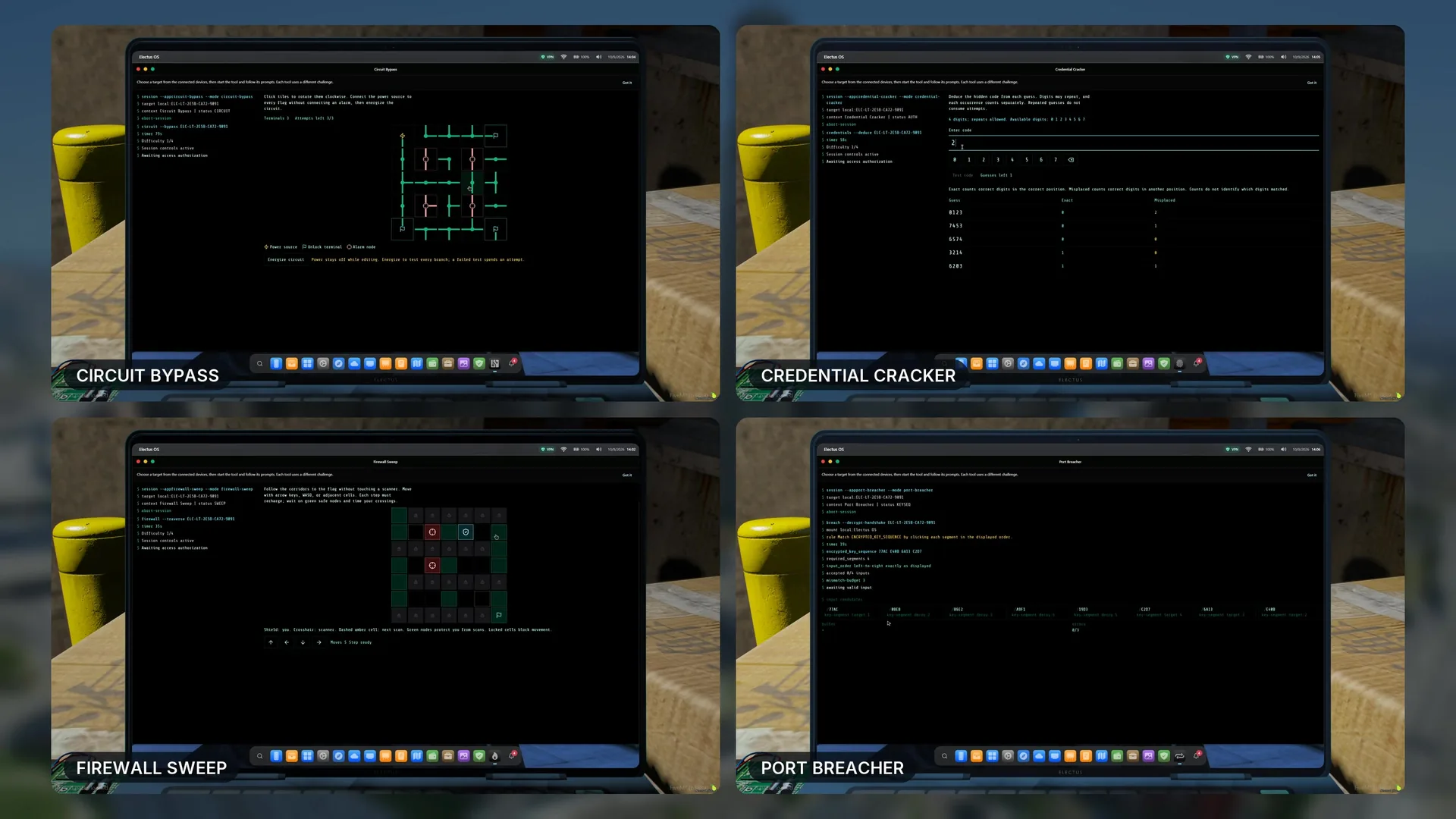 Four hacking programs running on a laptop: Circuit Bypass, Credential Cracker, Firewall Sweep and Port Breacher